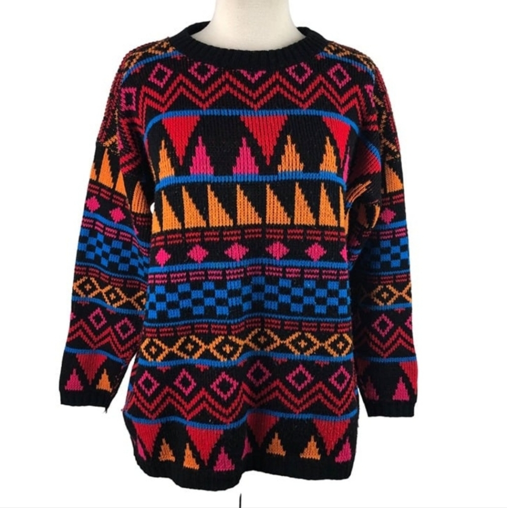 Vintage Croquet Club Mens Aztec Retro Crewneck Knit Pullover Sweater Medium LNC